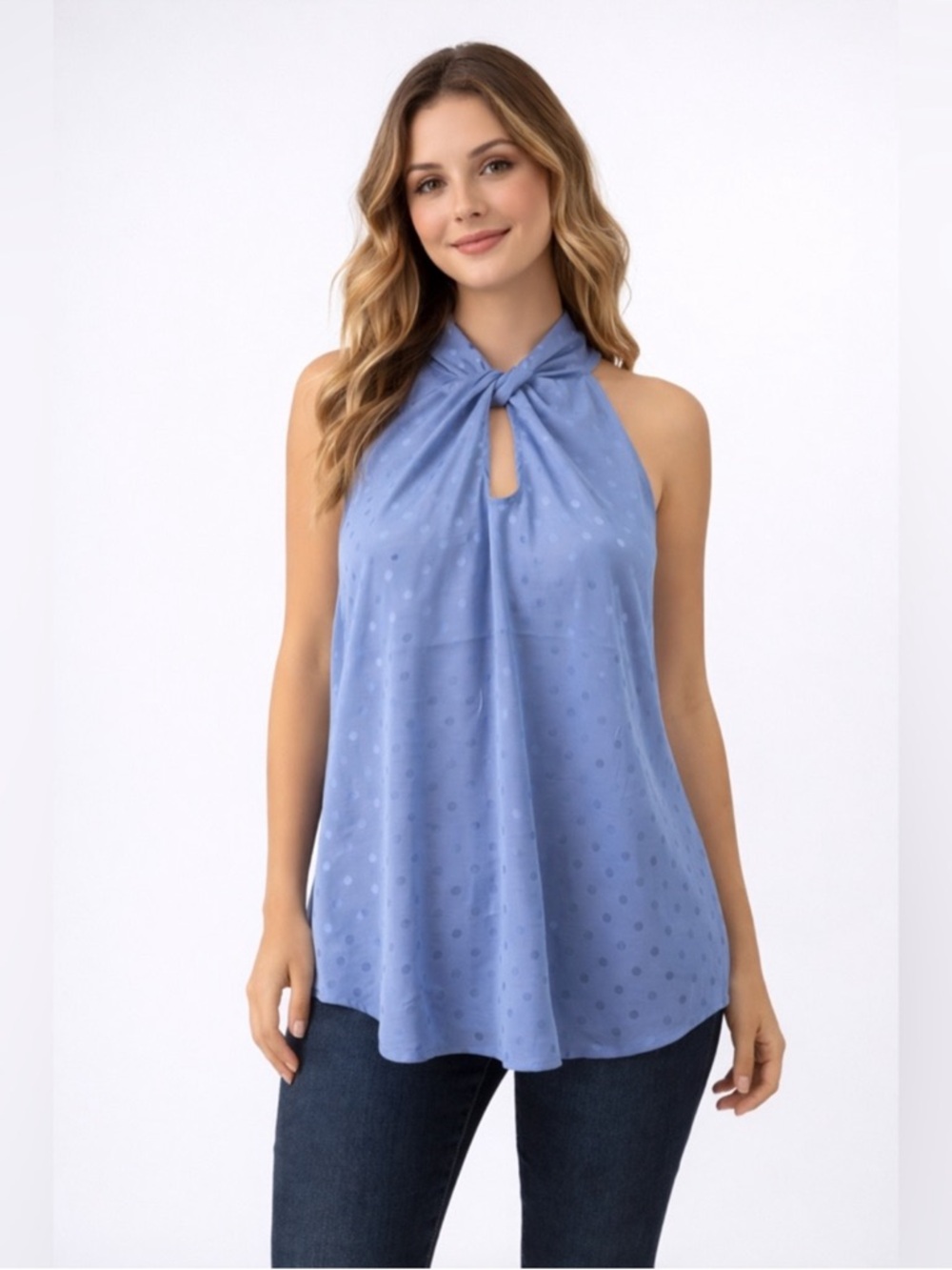 NWT Dusty Blue Knot Neck Halter Blouse SIZE: L